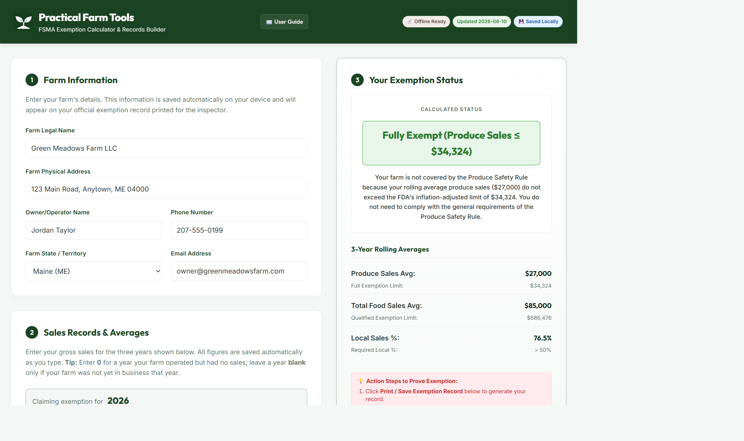 The Farm Information form on the left, with the live Exemption Status panel on the right showing a Fully Exempt result.