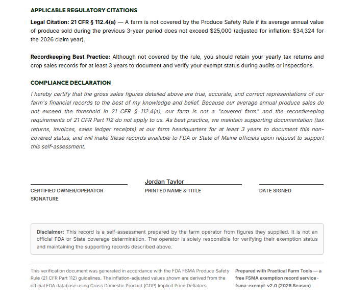 The lower half of the exemption document: regulatory citations, the compliance declaration, and signature lines.