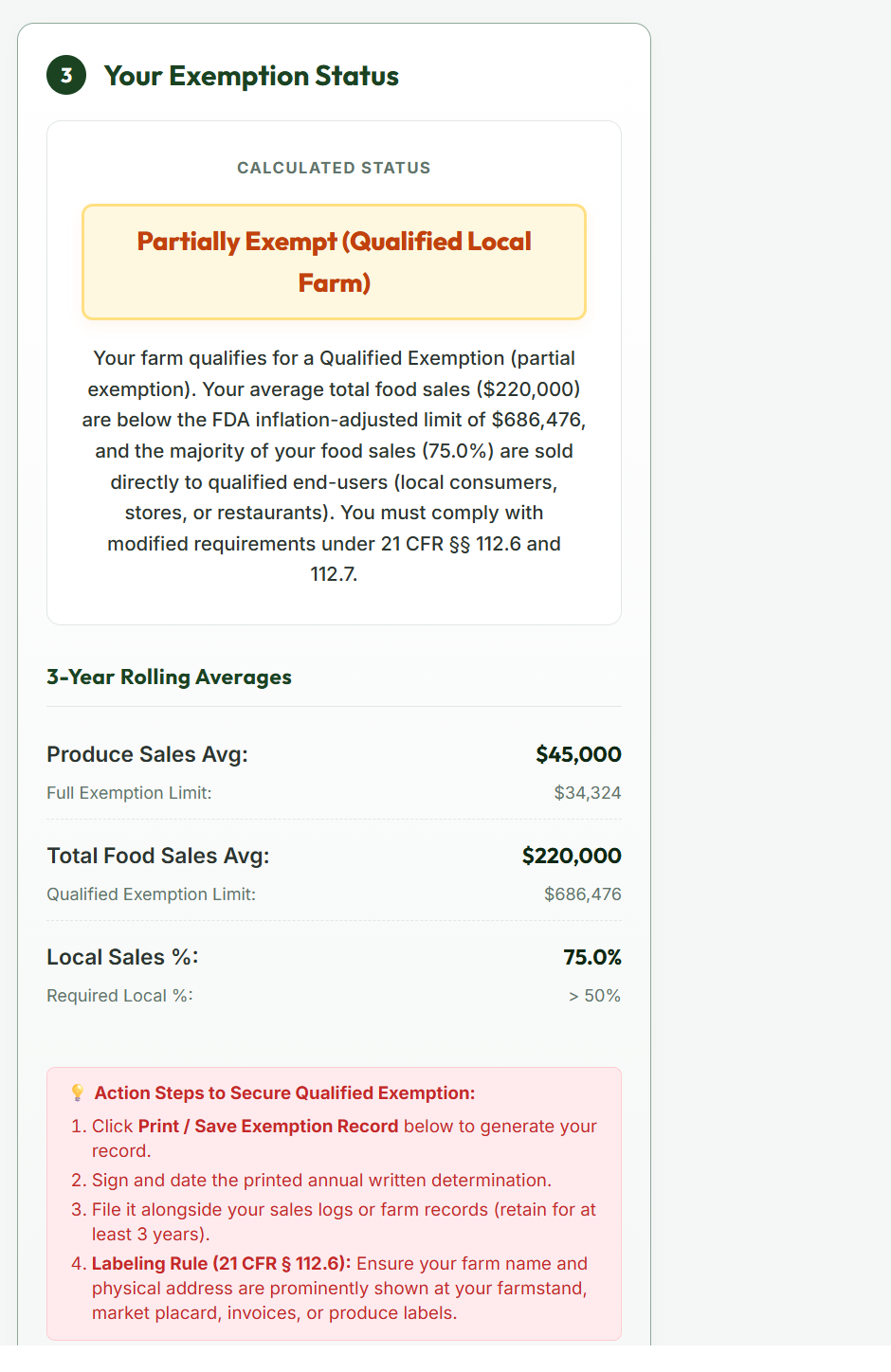 The status panel showing a Partially Exempt (Qualified Local Farm) result, with rolling averages compared against FDA limits and a checklist of action steps.
